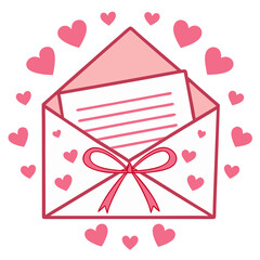 Love letter with hearts in pink envelope, Valentine&rsquo;s Day graphic.