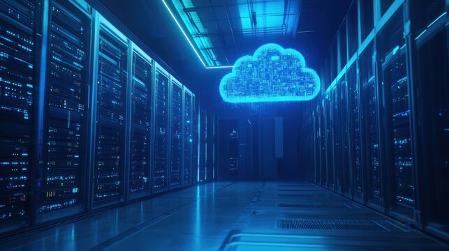 Servidores en una sala moderna con nube digital