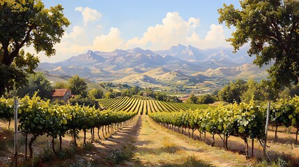 Fototapeta premium Sunlit vineyard rows leading to majestic mountains under a bright sky.