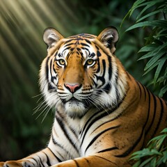 A majestic tiger prowling through dense green foliage, its vivid orange and black stripes blending seamlessly with the natural surroundings. The intense gaze adds to its powerful presence.

