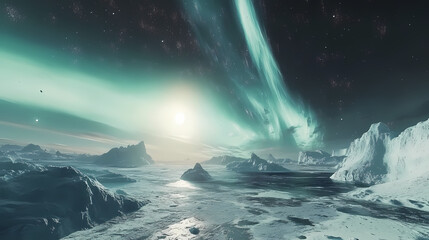 Naklejka premium Intense aurora borealis lighting up a frozen tundra with scattered icebergs on the horizon. Tundral. Illustration