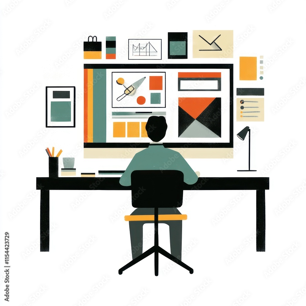 Poster person working at desk with computer showing design elements.