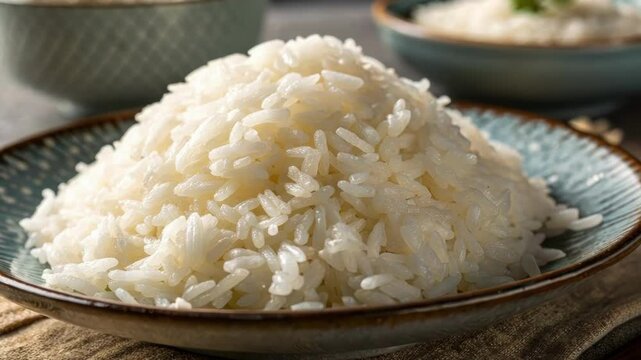 Image of Cooked Instant Rice A close view of fluffy white instant rice on a plate. The grains are soft and sticky reflecting a high glycemic index that causes quick glucose