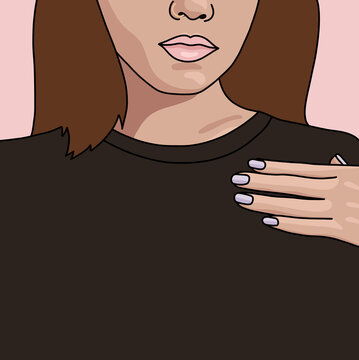 Illustration of a Woman in a Black Top Touching Her Neck Close-Up