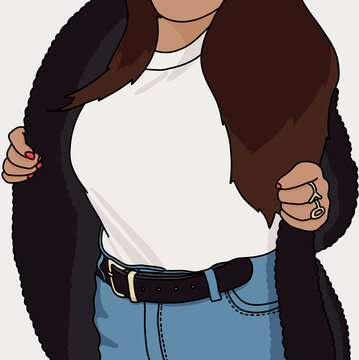 Illustration of a Woman in a Black Jacket and White Shirt with a Belt
