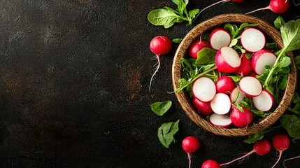  Basket of radishes with green leaves on black surface beside more radishes