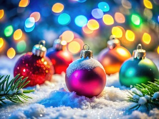 Macro lens captures glistening snow on festive Christmas ornaments, a winter wonderland close-up.