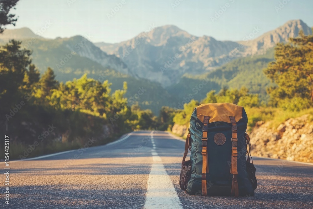 Poster travelers backpack resting on empty road surrounded by mountains during golden hour of afternoon. ge