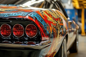 Custom car with vibrant artwork on display in an automotive workshop