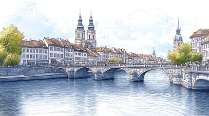 Fototapeta premium Panoramic view of a historic European city with a stone bridge spanning a river, featuring colorful buildings and a church with twin towers under a partly cloudy sky.
