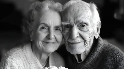 Elderly couple portrait, black and white, close-up, smiling.