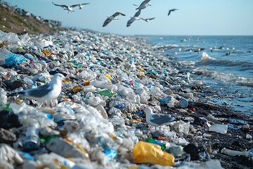 a landfill site filled with heaps of garbage, with seagulls flying overhead and a smoky haze in the background, showcasing the crisis of waste management

