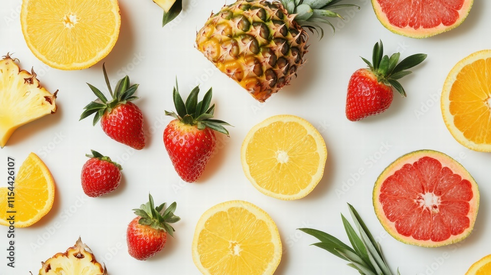 Poster vibrant arrangement of tropical fruits showcasing colors and textures in a lively display. generativ