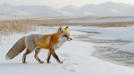 Obraz premium A fox traversing a snow-covered field beside a body of water amidst snow-capped mountains