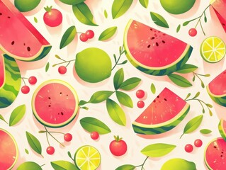 Colorful illustration of watermelon, lime, and cherry motifs with leaves.