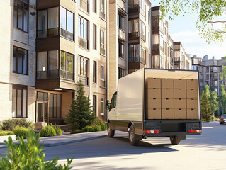 Delivery truck unloading boxes in a modern residential area during daytime