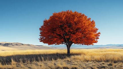 Fototapeta premium Solitary vibrant red tree in autumn field under clear blue sky.