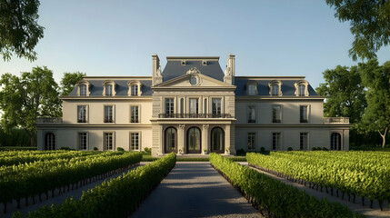 Obraz premium Elegant French chateau in Bordeaux France with symmetrical design and sprawling vineyards