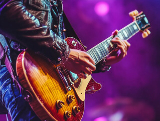 Naklejka premium Musician performs on stage with electric guitar under colorful lights during a live concert at an indoor venue