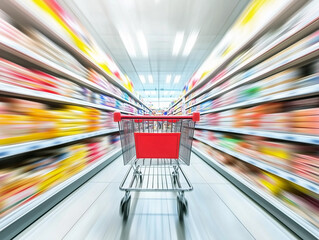 Shopping cart moves through a busy supermarket aisle filled with colorful products and fast-paced activity