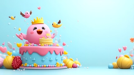 Obraz premium Cute bird princess on birthday cake.