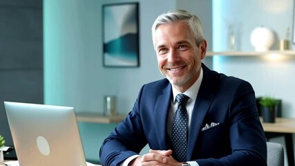 Close-up portrait of a smiling Caucasian middle-aged male office worker, manager, or executive, sitting at a desk in a modern office environment. Professional and approachable demeanor