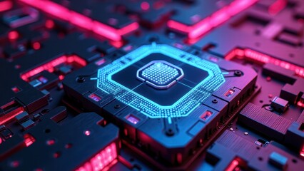 Fototapeta premium Futuristic Circuit Board With Glowing Pink and Blue Elements
