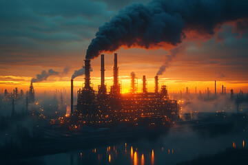 A smoky industrial factory emitting thick black clouds into the sky, symbolizing the harmful effects of air pollution and its impact on the environment.	