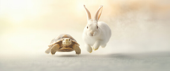 Obraz premium Tortoise leading by a nose, hare and tortoise competition.