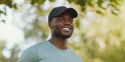 A man wearing a black hat and a green shirt is smiling. He is wearing a cap and is smiling