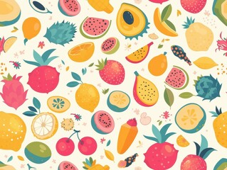 A colorful assortment of various fruits illustrated in a playful pattern.