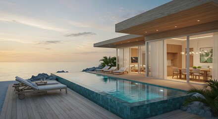 Obraz premium Luxury Oceanfront Villa Sunset Poolside Relaxation