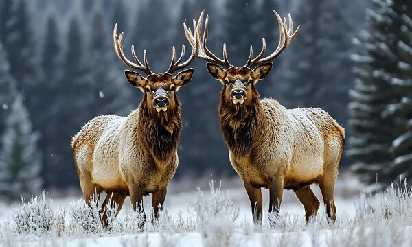 A pair of moose in the winter panorama
