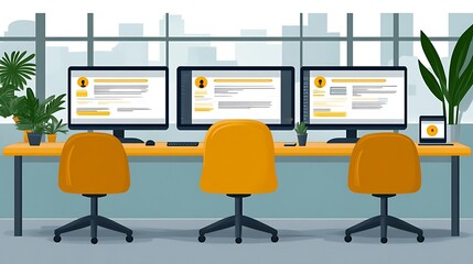 Three desks with computers showing resumes in a modern office.