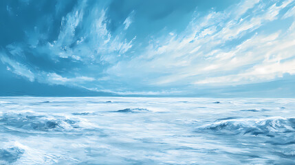 A frozen tundra landscape with snow-covered terrain and icy blue skies, painted in cool tones. Tundral. Illustration