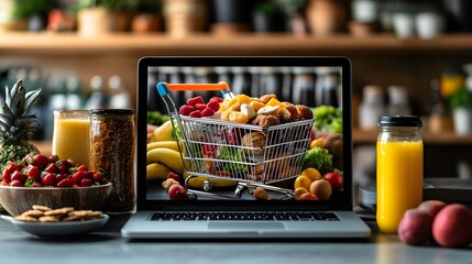 Laptop displaying online grocery shopping cart filled with fresh fruits, vegetables, and bakery items.  Surrounding the laptop are fresh produce and healthy snacks.