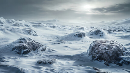 A hyper-realistic fantasy tundra in winter with icy winds shaping snow dunes and stones peeking out under a grey sky. Tundral. Illustration