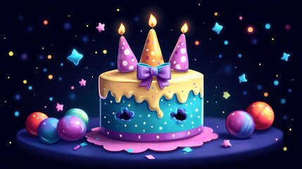 Festive birthday cake with candles and confetti.