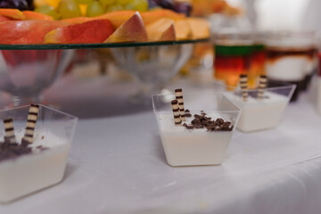 Delicious Dessert Table Featuring Creamy Treats and Colorful Fruit Platter