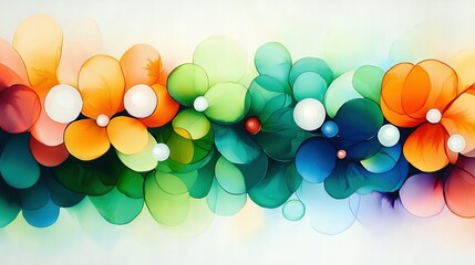   A colorful canvas featuring floral and bubble motifs on a pastel backdrop of blue, green, red, orange, and white hues