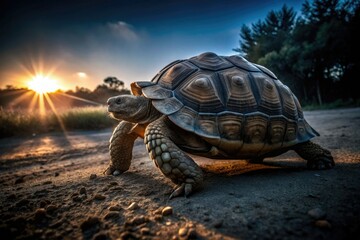 Sulcata tortoise: a long exposure portrait highlighting conservation needs for this endangered African reptile.