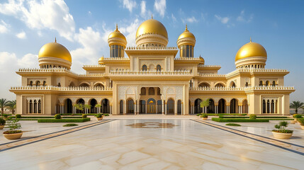 Naklejka premium Opulent desert palace in Abu Dhabi UAE with golden domes and marble courtyards