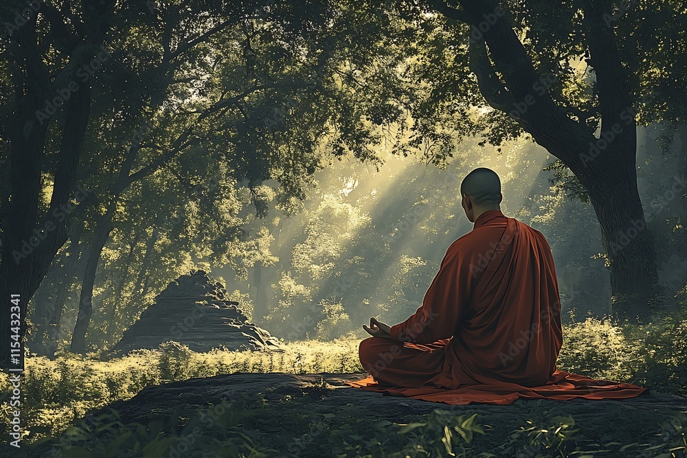 Aufkleber Meditative Monk in Red Robe in Tranquil Forest Setting Surrounded by Lush Nature : Generative AI