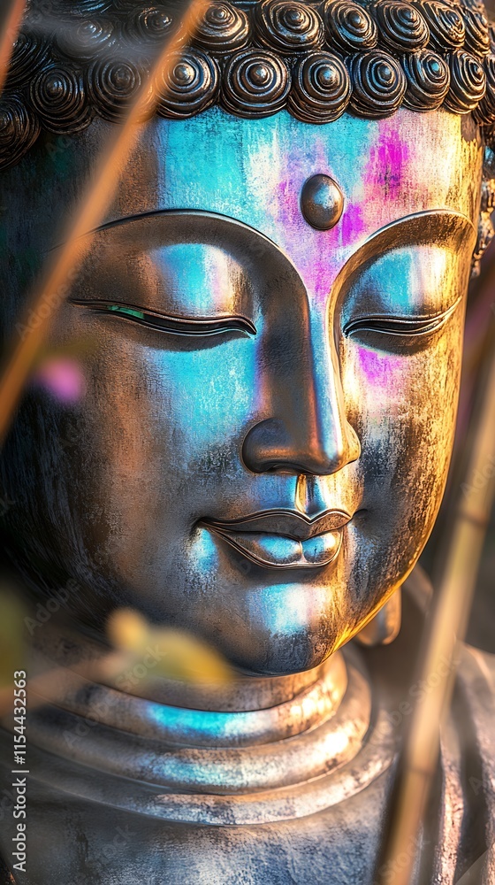 Poster serene close-up of a multicolored buddha statue with tranquil spiritual aura : generative ai