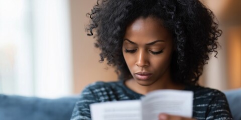 A woman with curly hair is reading a book. She is looking at the pages intently, possibly trying to understand the content. The book is open to a page with a lot of text
