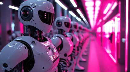 Fototapeta premium A cuttingedge robotics expo in Tokyo, with humanoid robots demonstrating tasks in a sleek, neonlit exhibition hall