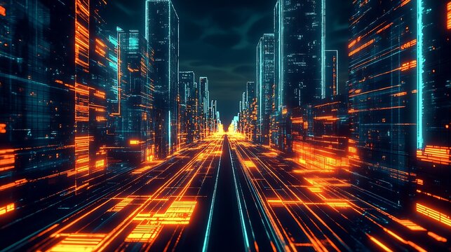 Futuristic Neon Cityscape with Rushing Light Trails in Abstract Urban Environment : Generative AI