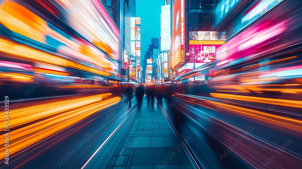 Poster dynamic nighttime cityscape with vibrant neon lights and blurred motion in urban setting : generativ