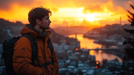 Fototapeta premium Man enjoying sunset over city.