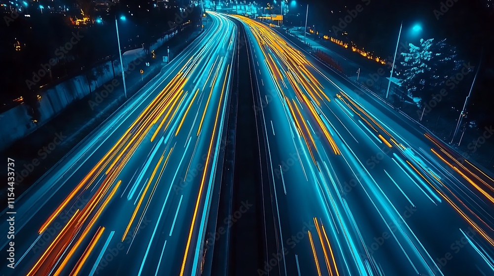Poster dynamic long exposure of highway with illuminated blue and orange light trails at night : generative
